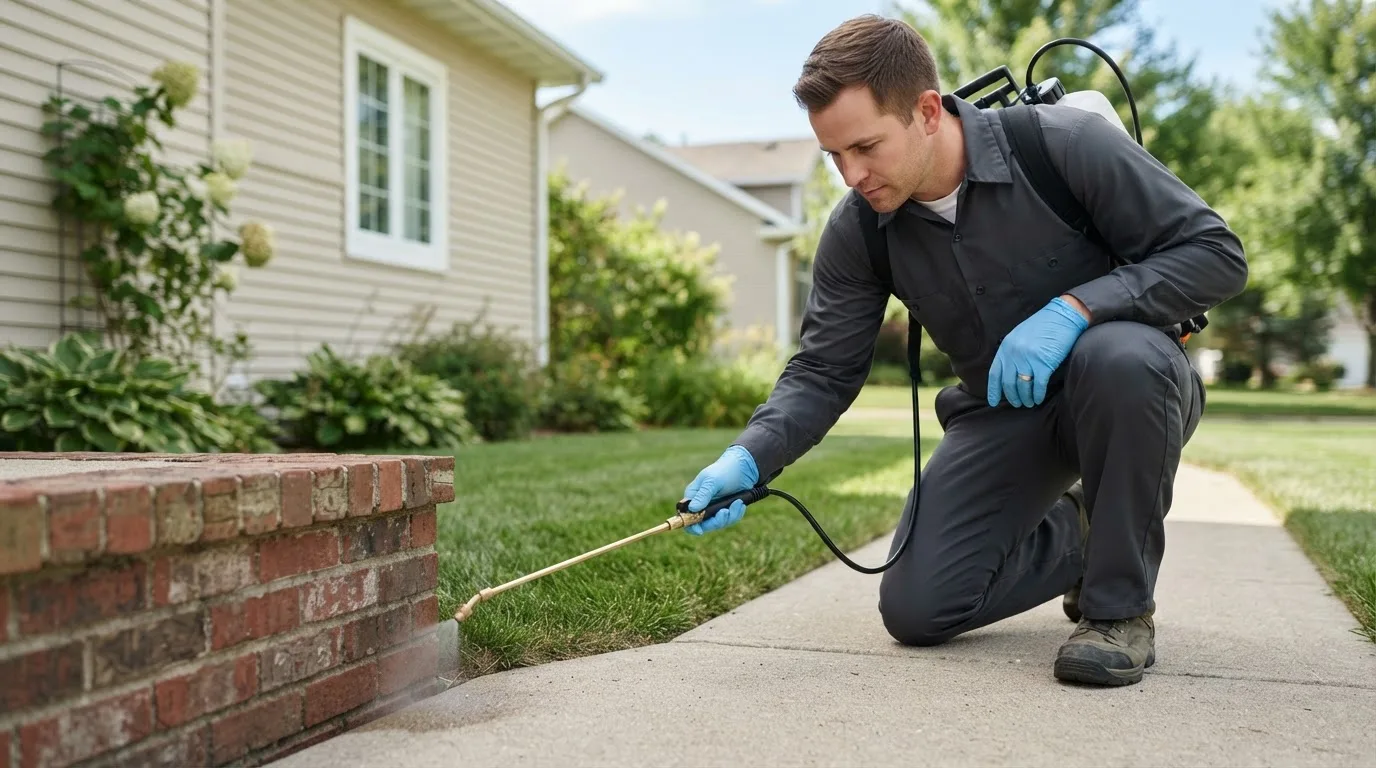 Pest control technician treating a home near Eldora, IA