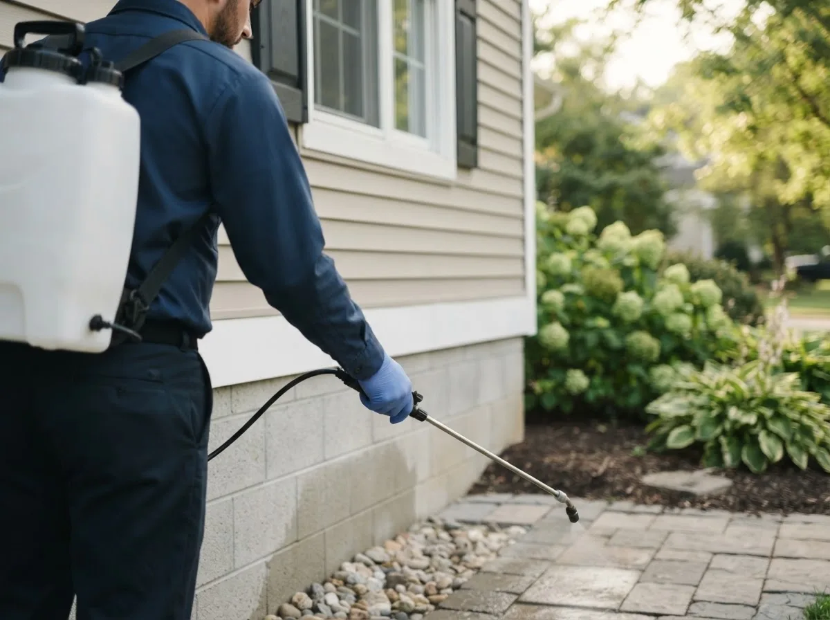 Pest control technician inspecting a home in Eldora, IA
